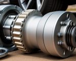Car transmission components displayed on the ground near a vehicle tire.