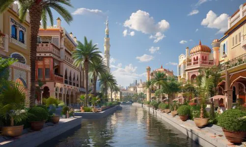 A scenic canal view in Dubai Global Village with colorful traditional buildings, palm trees, and a distant minaret under a blue sky.
