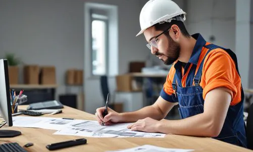 A person in a construction uniform and white hard hat, reviewing architectural blueprints at a desk with a computer and other documents in an office setting.