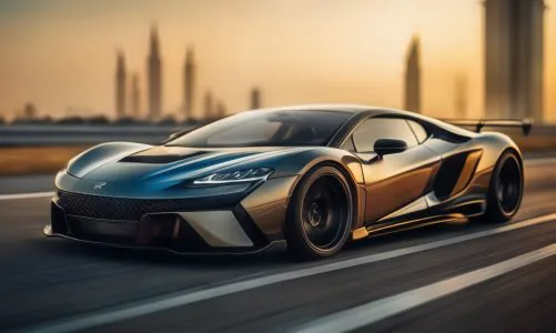 A sleek blue sports car speeding on a highway with a city skyline in the background, captured during sunset with a warm glow.