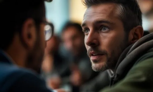 Two men engaged in a conversation in a casual setting, with others blurred in the background, suggesting a social or business meeting.