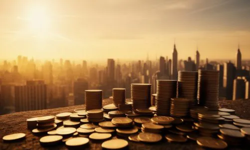 Stacks of gold coins with a city skyline featuring tall buildings in the background, illuminated by a warm sunrise or sunset.