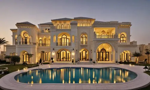 A luxurious white mansion with multiple arches, balconies, and a large swimming pool in the foreground, lit up at dusk.