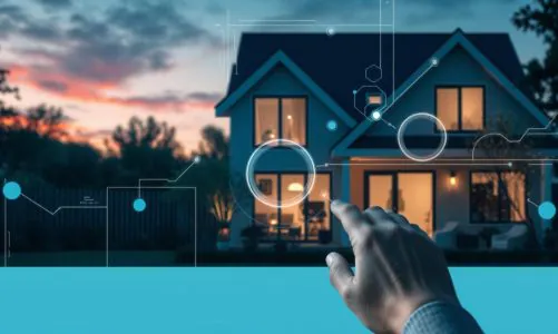 Hand interacting with smart home interface controlling house features.