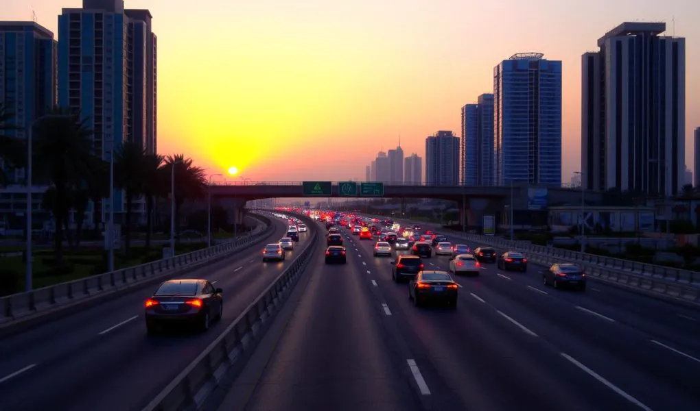 Dubai highway with traffic during sunset, surrounded by tall buildings.