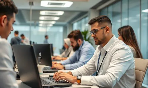 A group of people working at laptops in a modern office with large windows and bright lighting.