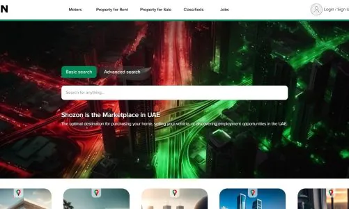Shozon homepage showing UAE city roads lit in red and green with search bar overlay.