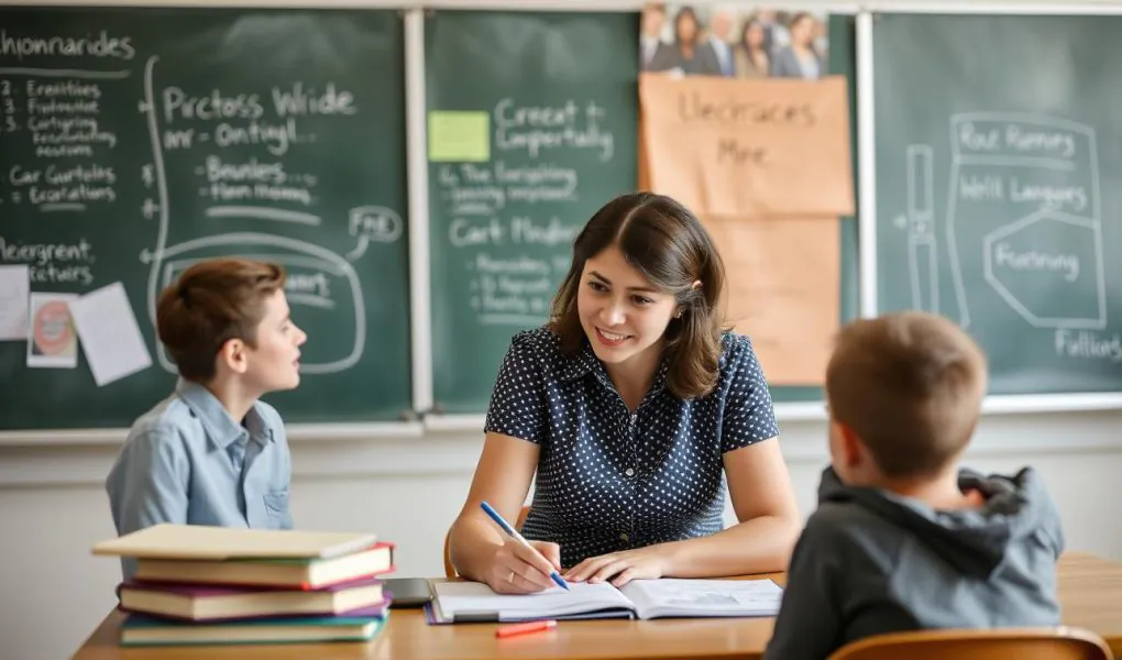 A teacher assisting two young students at a desk with books and a chalkboard covered in educational notes and diagrams in the background.