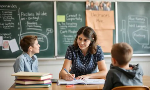 A teacher assisting two young students at a desk with books and a chalkboard covered in educational notes and diagrams in the background.