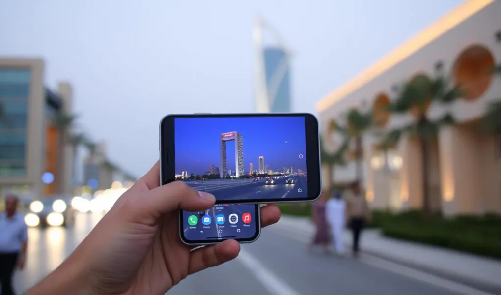 A hand holding a smartphone displaying a photo of a cityscape with a prominent tower, with the actual city blurred in the background.