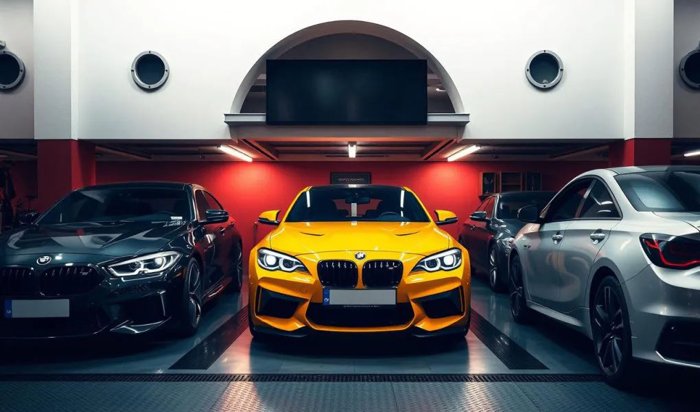 Three high-end sports cars parked in a well-lit modern garage, with a bright yellow BMW centered between a black and a silver car.