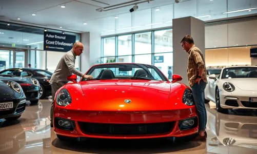 Two men standing in a car showroom, inspecting a red sports car on display, with other luxury vehicles and a sign in the background.
