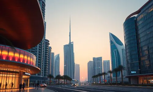 Sunset skyline of Dubai with city towers and palm-lined roads.