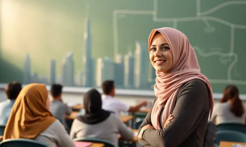 Smiling teacher in hijab standing confidently in front of a classroom in Dubai.