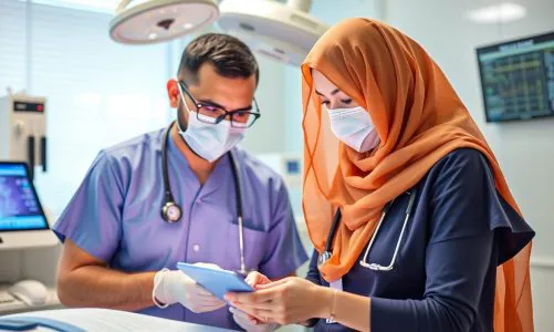Two medical professionals in masks reviewing documents in a modern hospital.