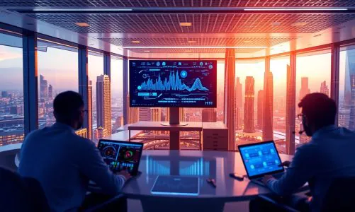 Two professionals analyzing real-time data dashboards in a high-rise office with panoramic views of a modern city skyline at sunset.