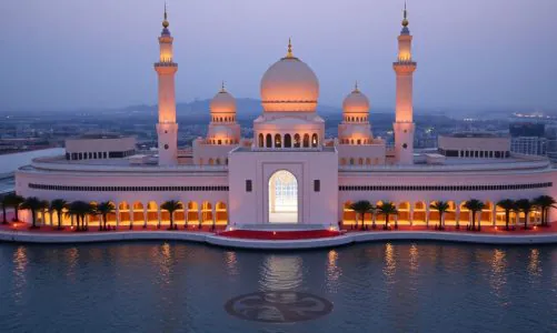 Grand mosque surrounded by water at dusk, lit beautifully with symmetry.