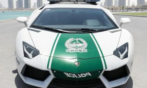 Dubai Police Lamborghini Aventador shown from the front with badge.